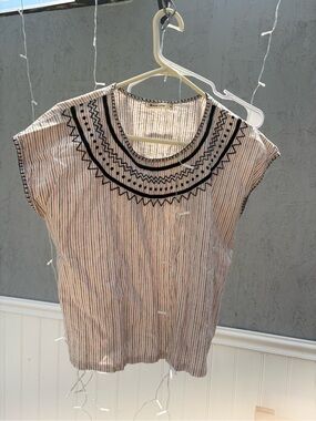Marine Layer Pink & White Striped Embroidered Neck Top